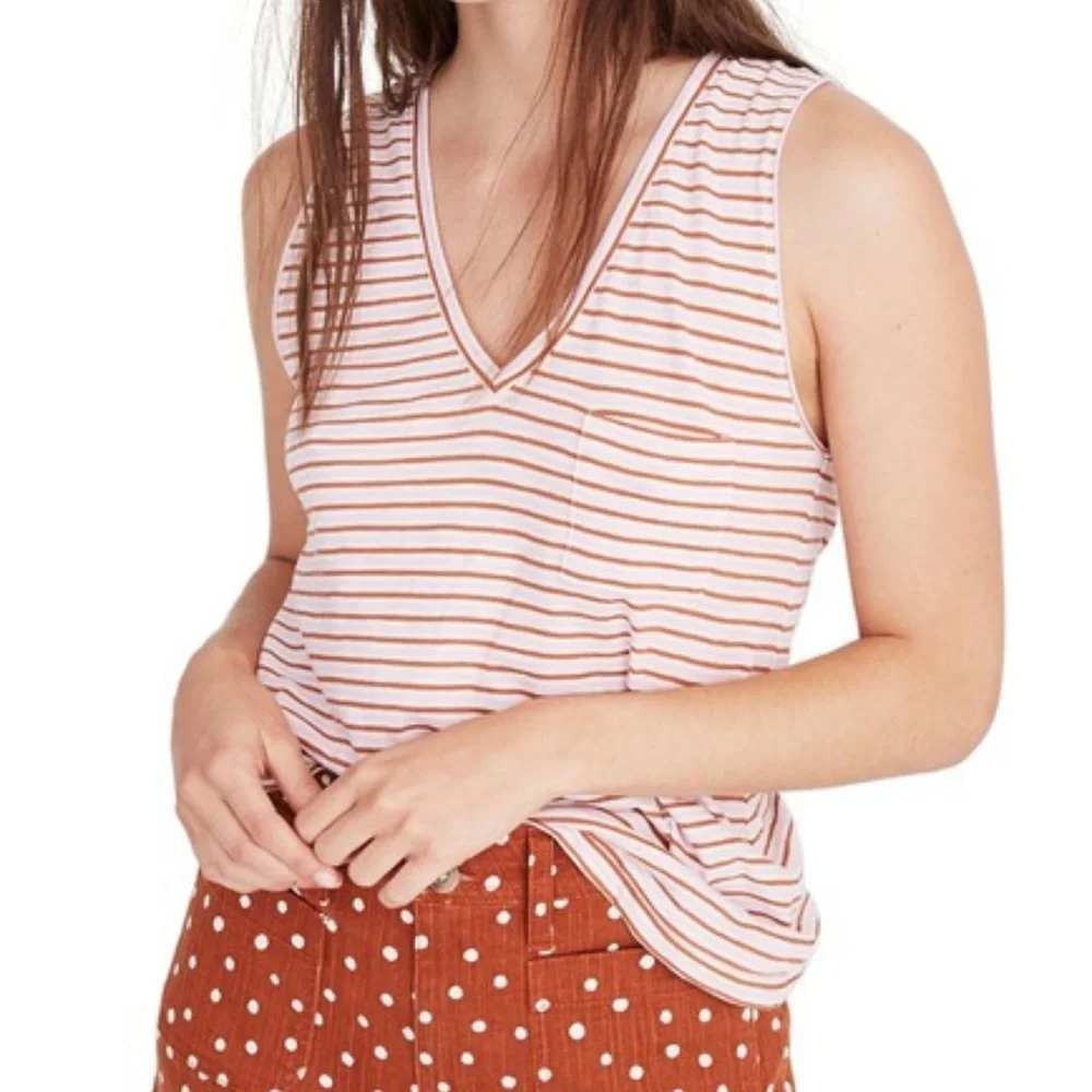 Madewell Tank Top Large Women Pink Brown Striped V-Neck Pocket Whisper Cotton